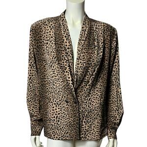 Vintage ILYSSA MAXX Leopard Print Blouse Size 14 100% Polyester Button Down Top